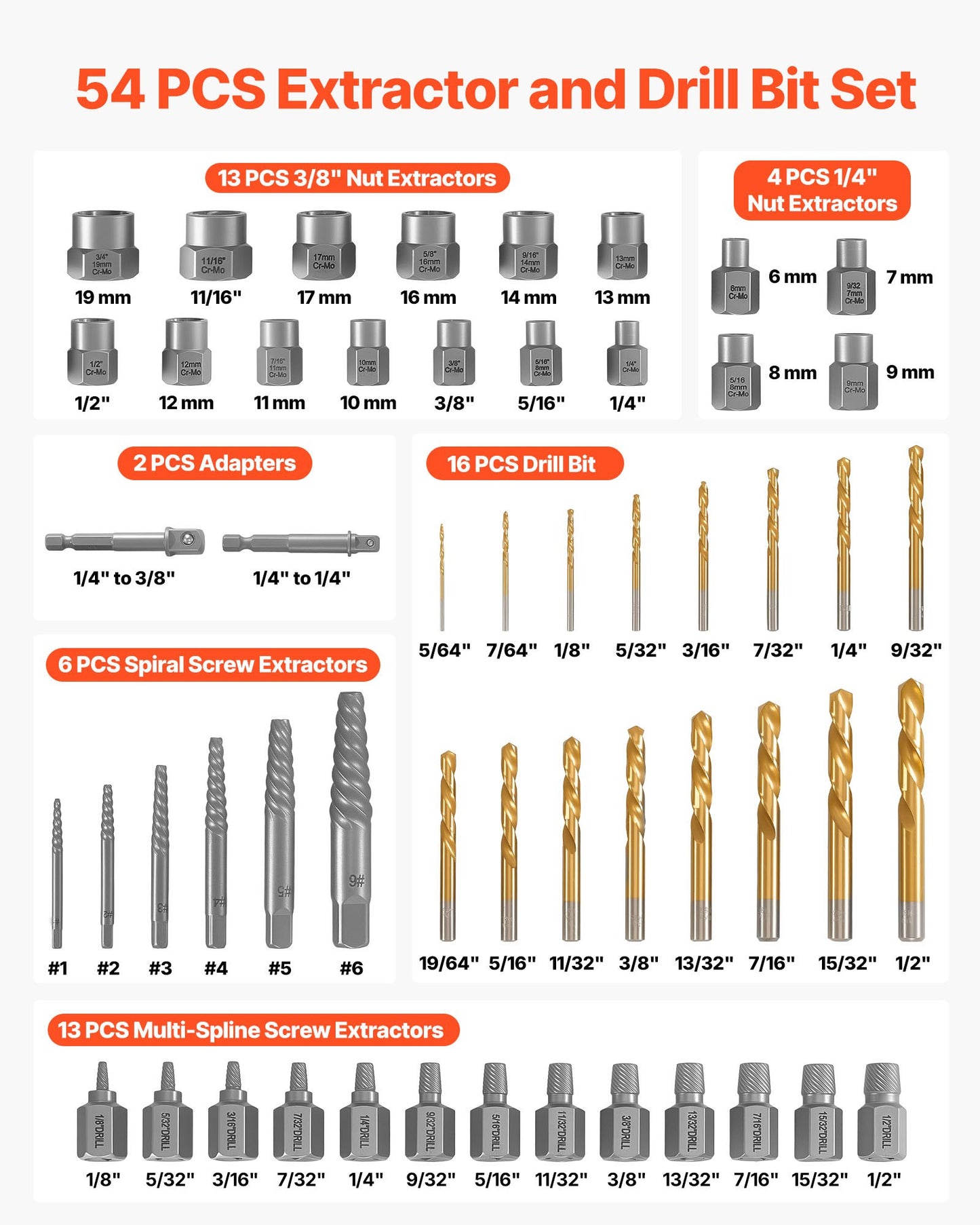 54-Piece Screw Extractor Set with Drill Bits for Damaged Fasteners - Black