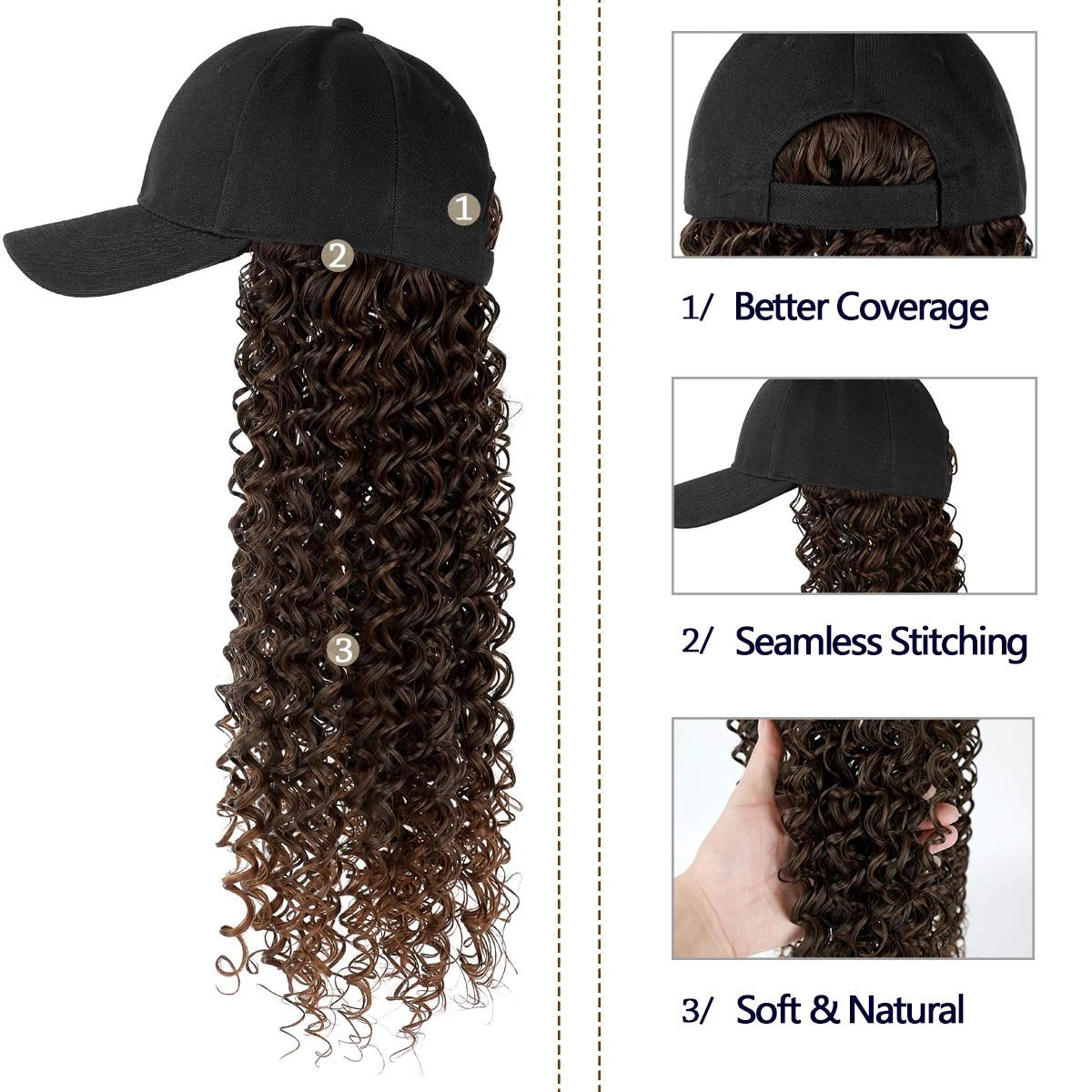 Women's Fashion Headgear with Hat and Wig - Natural Hair & Curl Styles
