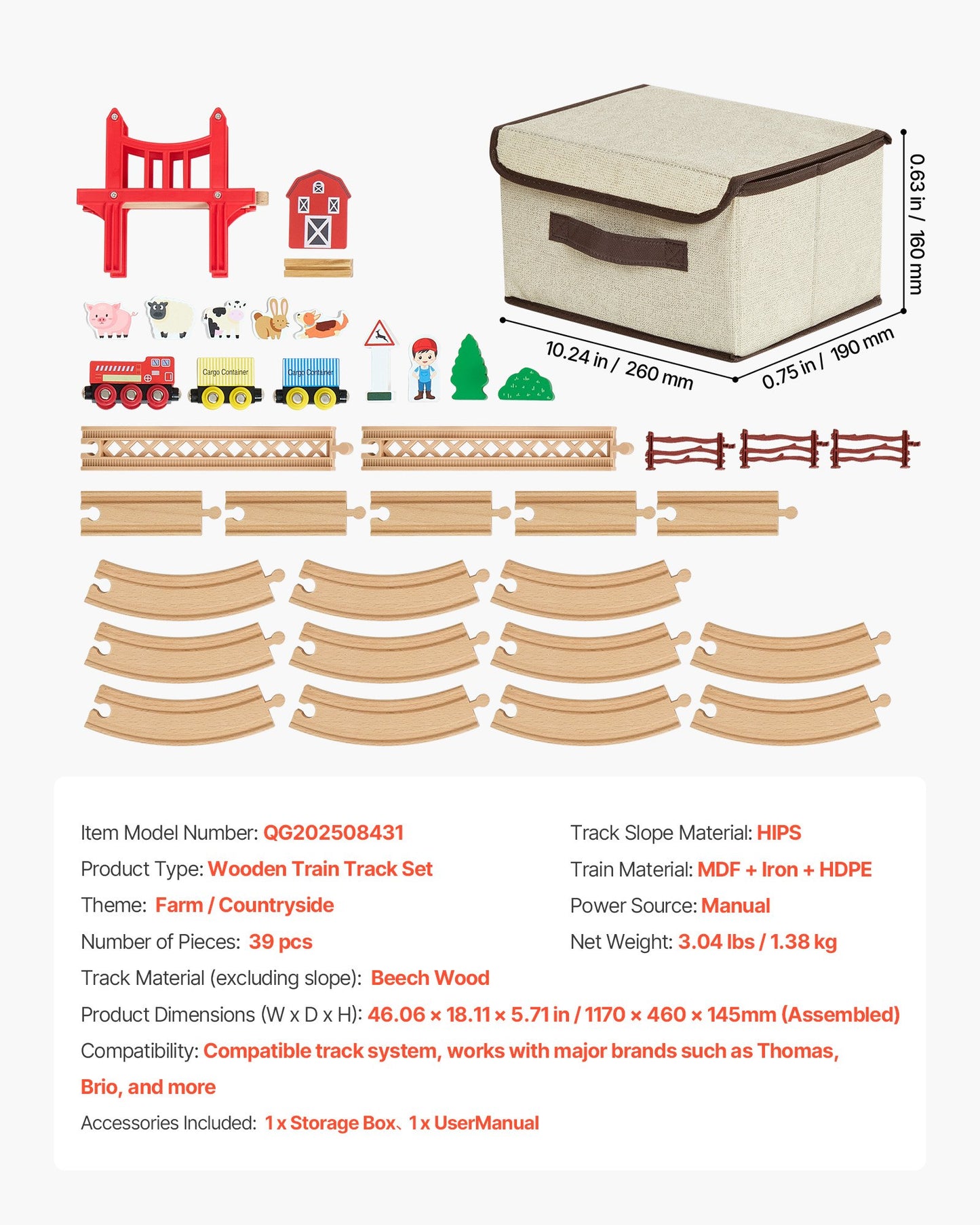 Wooden Train Set with Magnetic Tracks and Accessories - 39PCS Kids Playset for Ages 3-8