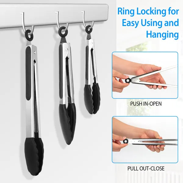 Stainless Steel Tongs with Silicone Tips - 3 Pack