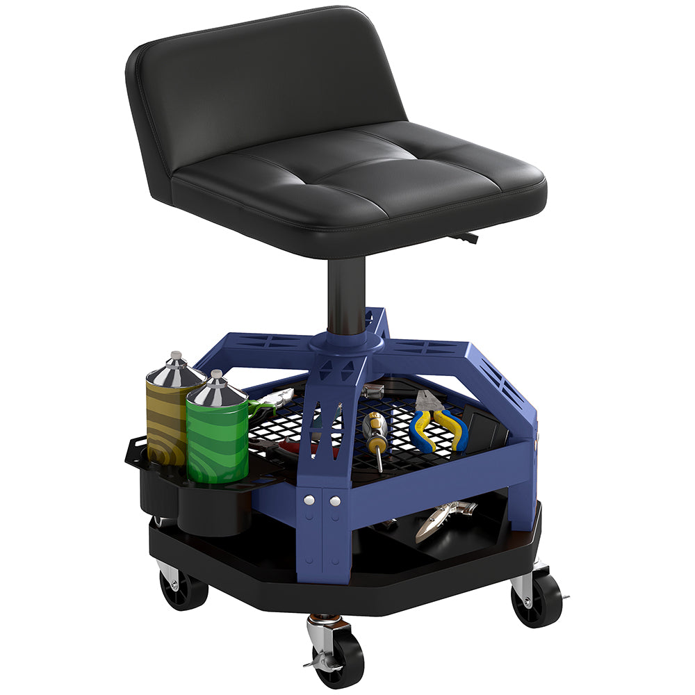 Adjustable Height Rolling Garage Stool with Tool Tray - 300 LBS Capacity, Blue