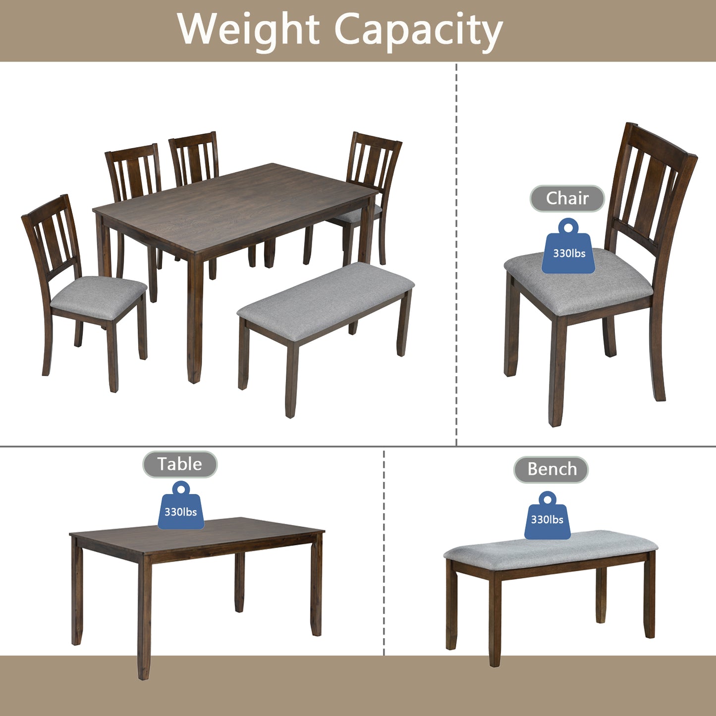 6-Piece Wooden Dining Set with Upholstered Chairs & Bench - Walnut