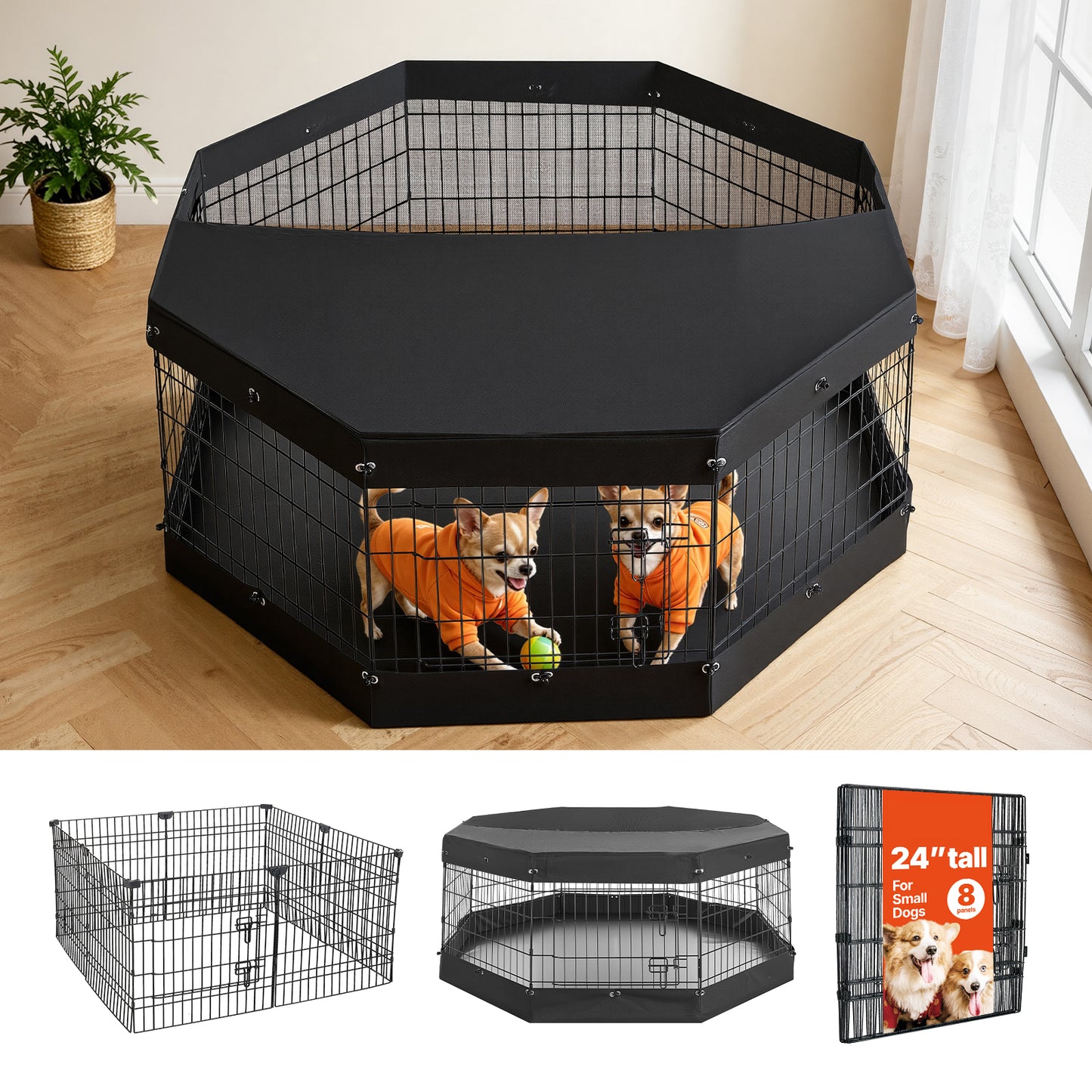 Indoor Dog Playpen 24 Inch, Foldable Metal Exercise Pen with Top & Bottom Pad
