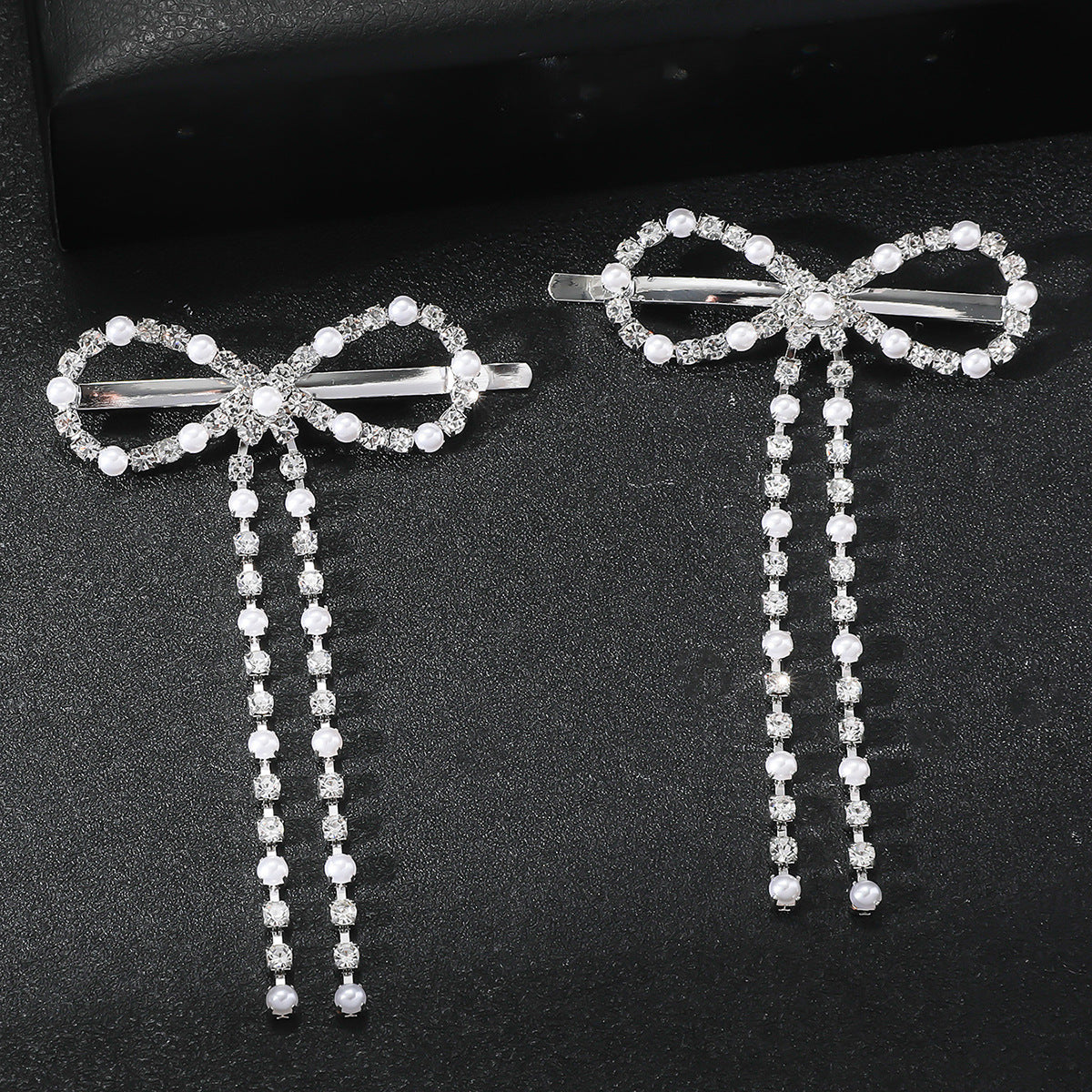 Silver Bow Barrettes with Rhinestone Tassel, Pair