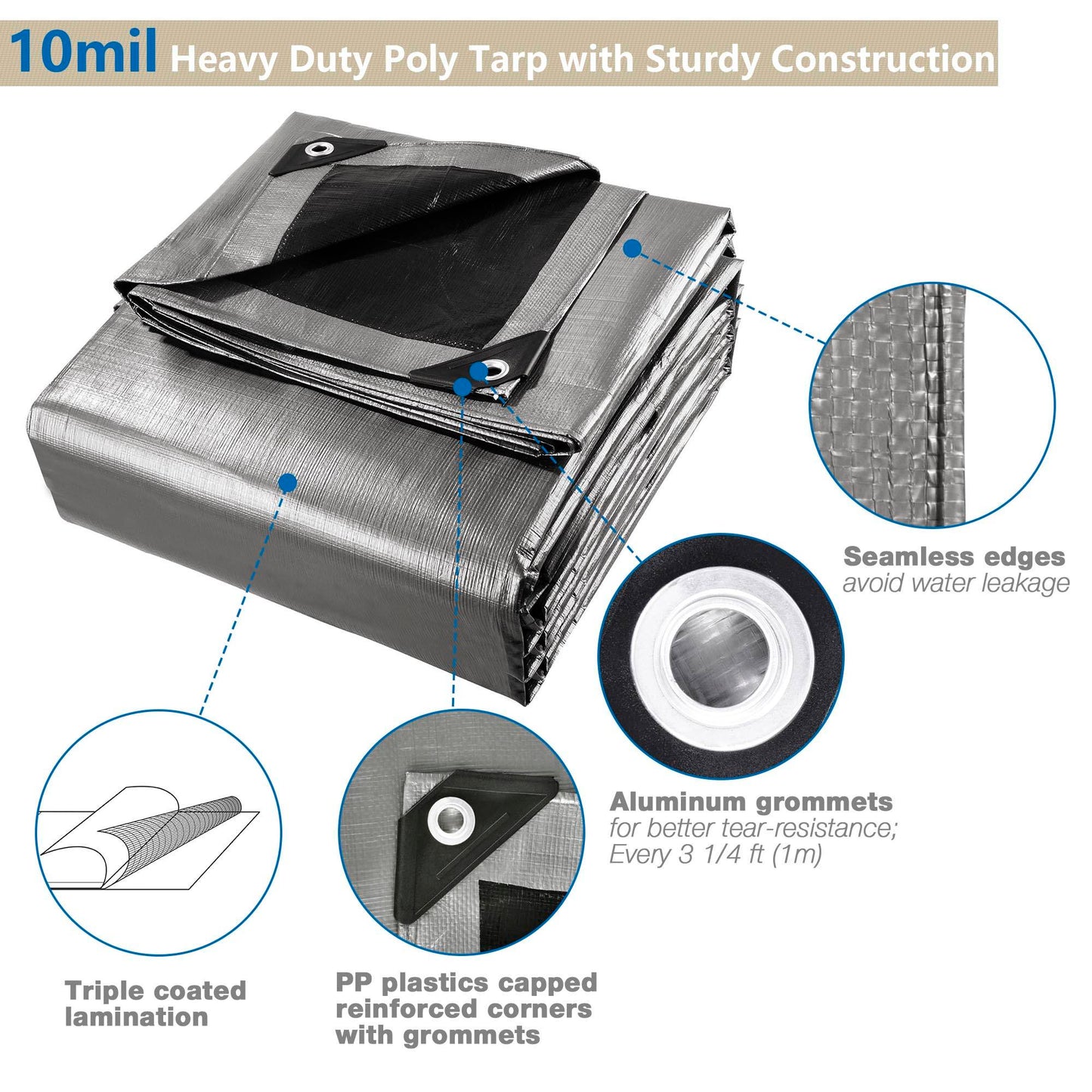 Heavy Duty Poly Tarp 30x40ft Waterproof UV-Resistant Silver Black Shelter Cover