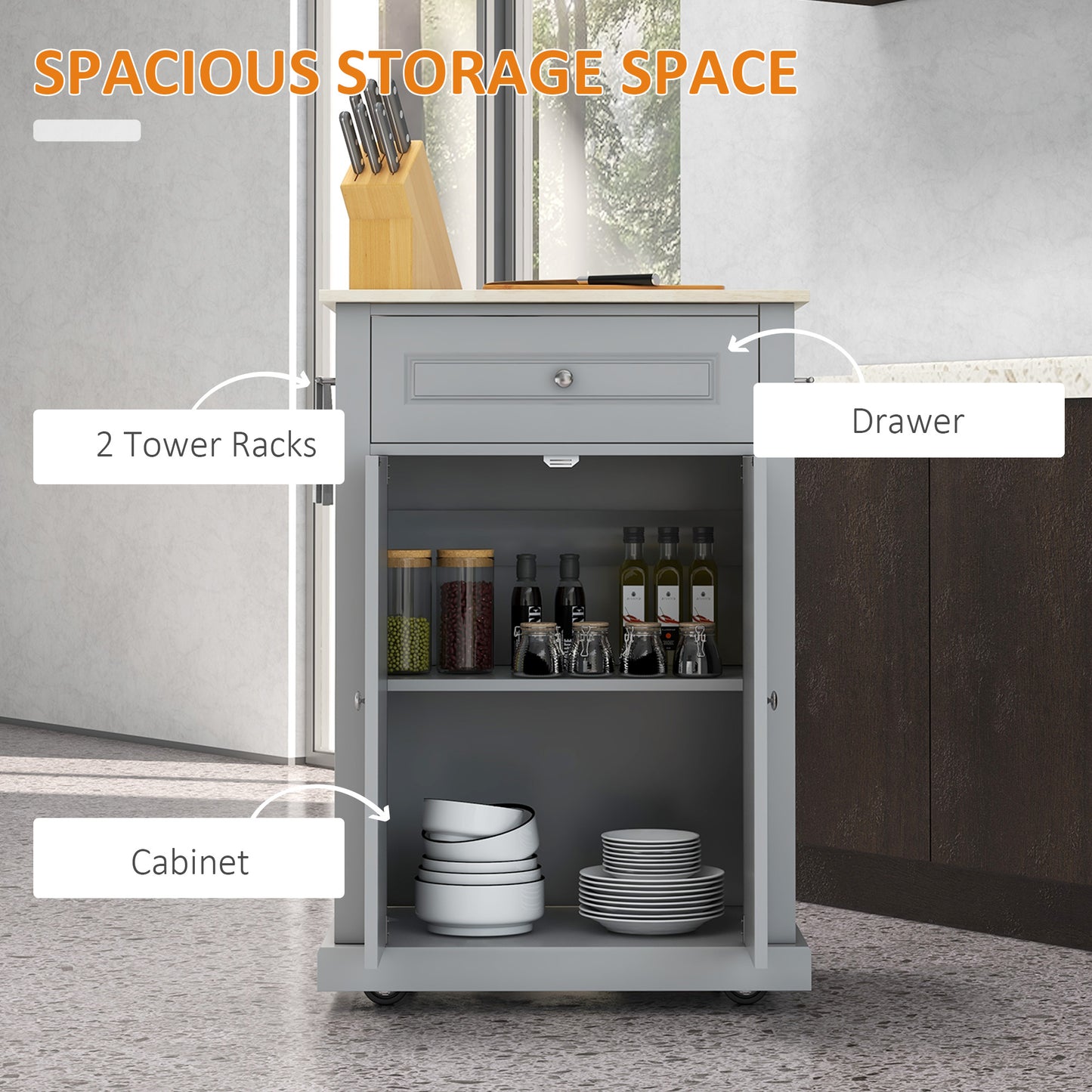 Portable Kitchen Island Cart with Drawer & Adjustable Shelf - Grey