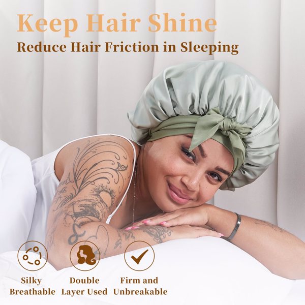 Silk Sleep Bonnet for Hair Care - Adjustable Green Cap