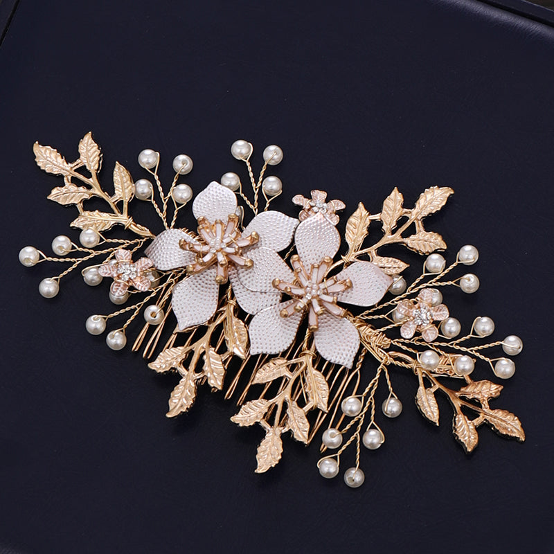 Flower Pearl Wedding Headdress - Gold