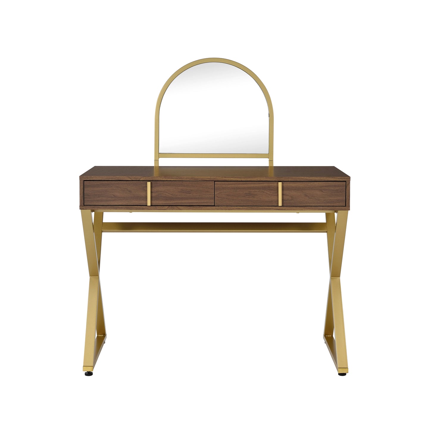 Walnut & Gold Finish Vanity Desk with Mirror & Jewelry Tray