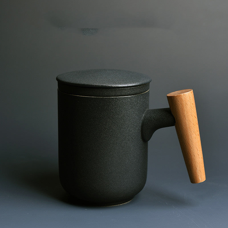 Ceramic Water Cup with Lid & Wooden Handle Large Capacity Drinkware