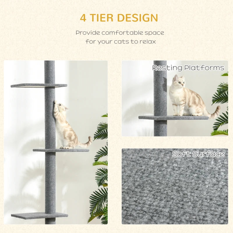 Adjustable Floor-to-Ceiling Cat Tree Tower with Sisal Posts - Grey, 8.5 Feet