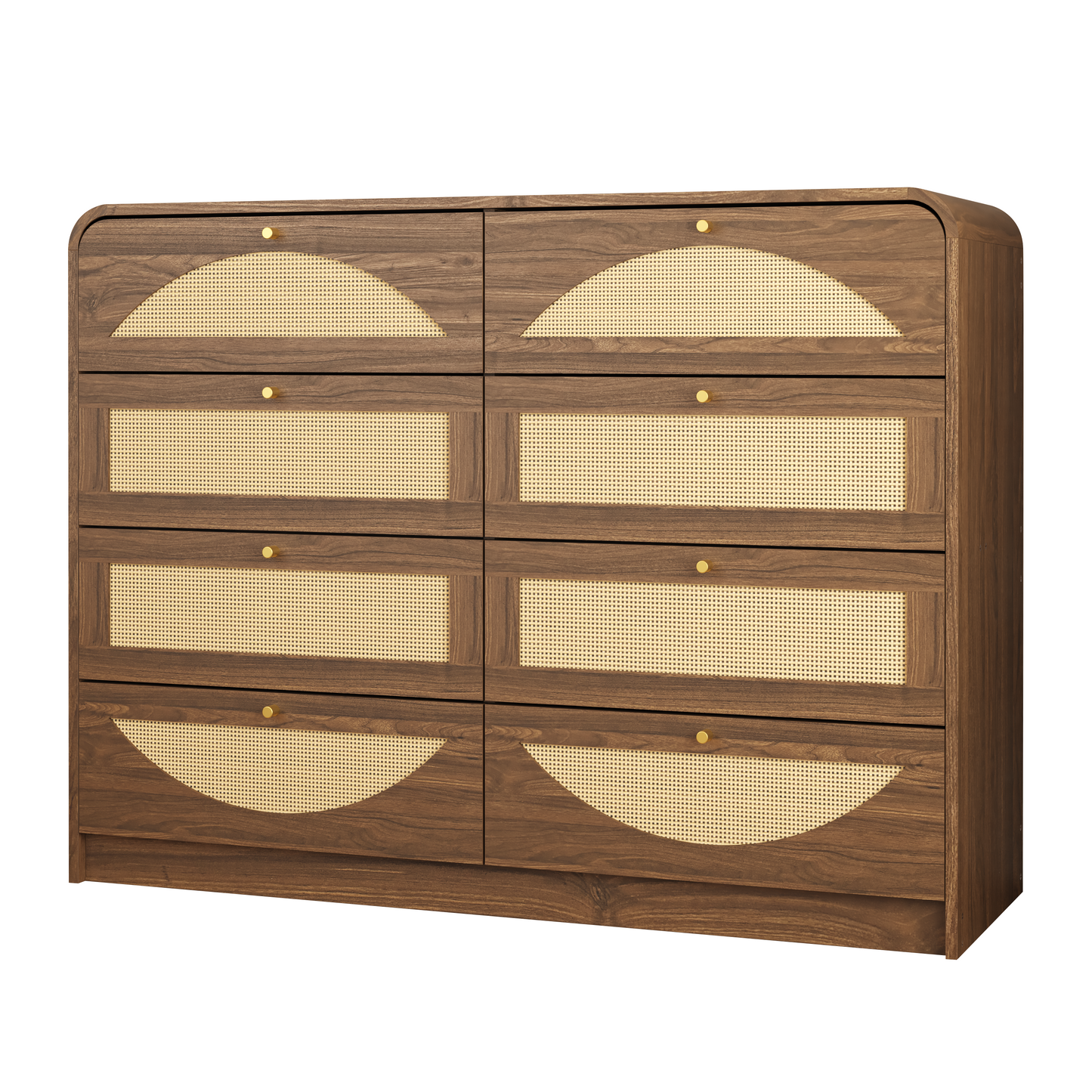 Walnut 8-Drawer Dresser with Rattan Front - Modern Storage Cabinet
