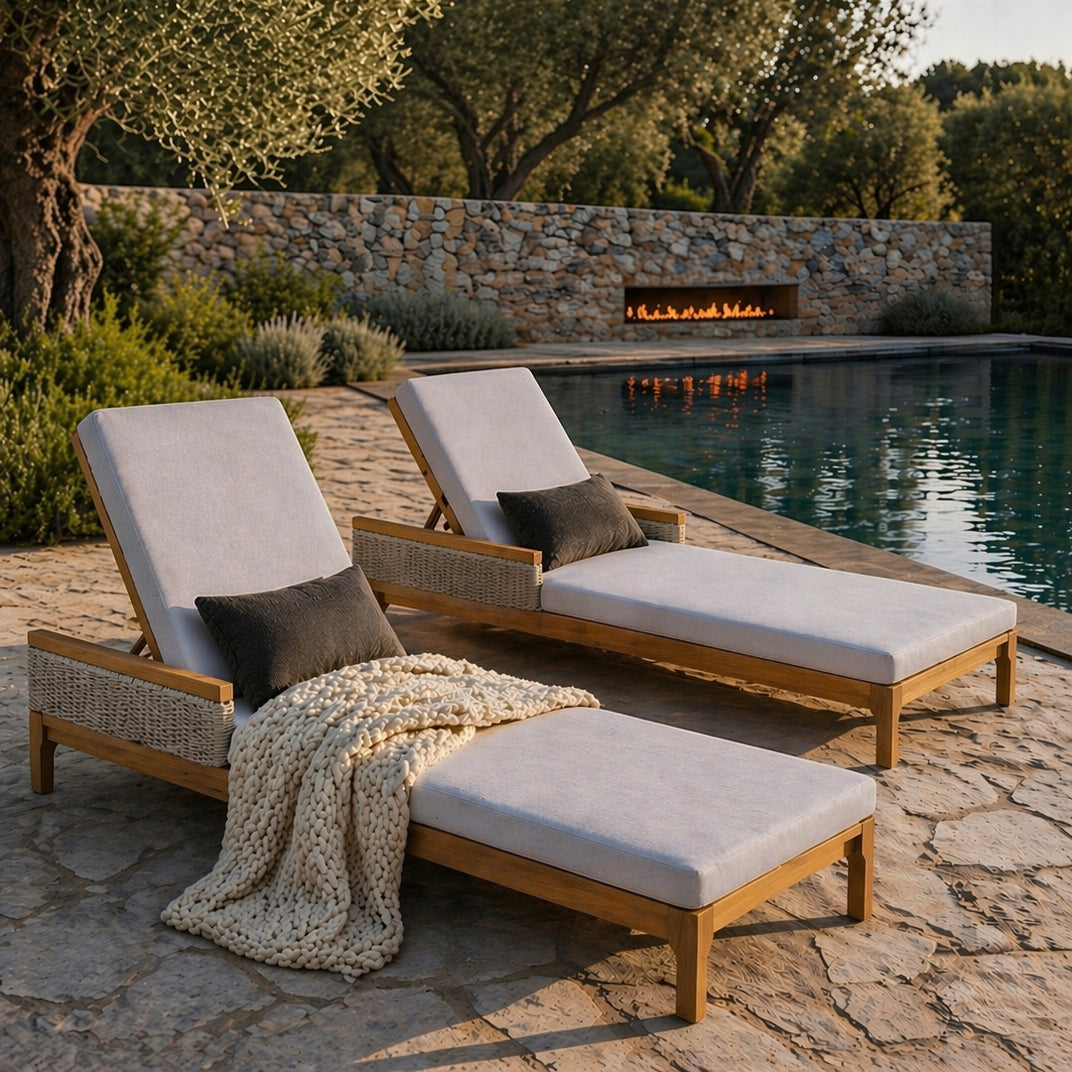 76.8" Solid Acacia Wood Sun Chaise Lounger Set of 2 - Light Grey