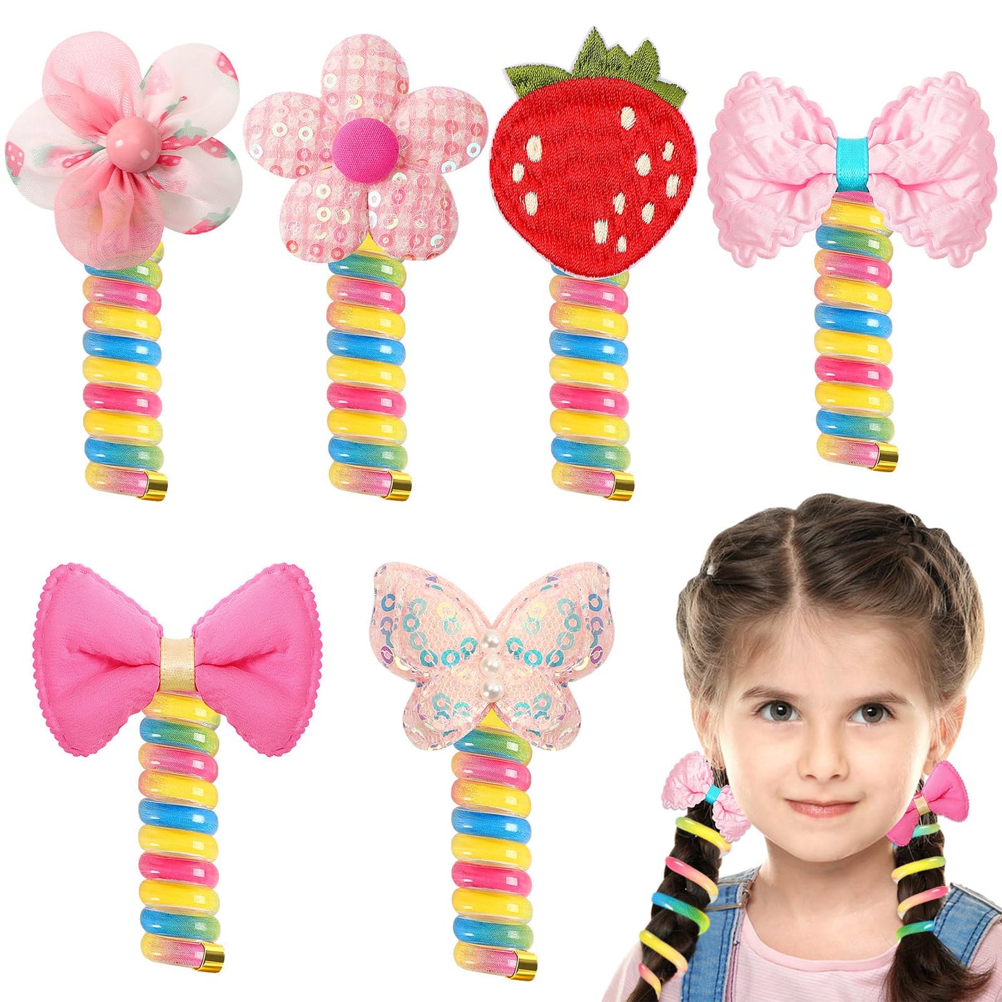 6-Pack Colorful Spiral Hair Ties - Rainbow Telephone Wire Bands