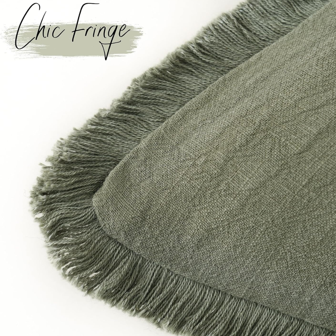 Decorative Linen Fringe Throw Pillow Cover - 18x18 Inch, Olive Green Set of 2
