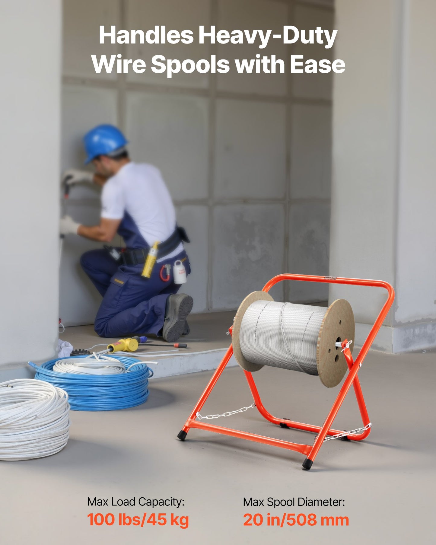Heavy Duty Foldable Wire Spool Rack - Cable Caddy for Electrical & Industrial Use - Orange