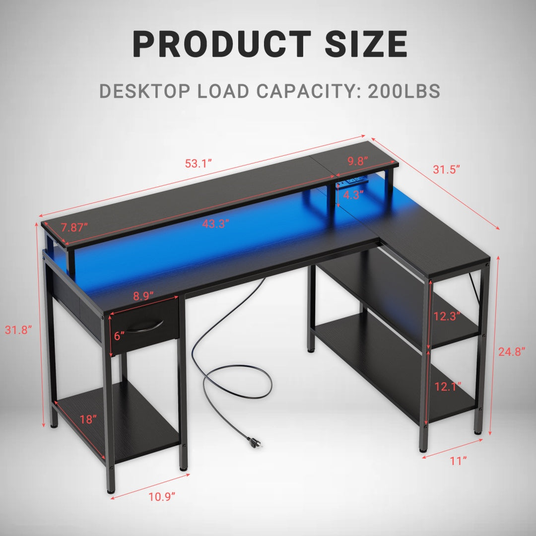 L-Shaped Gaming Table with USB Charging & LED Light