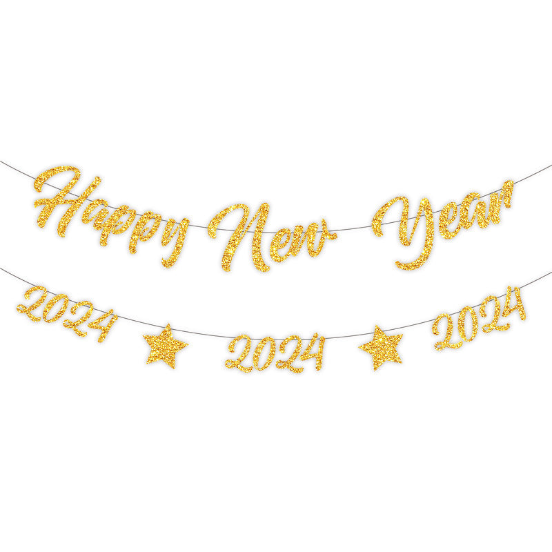 Gold Glitter Happy New Year Banner Hanging Flag Party Decoration