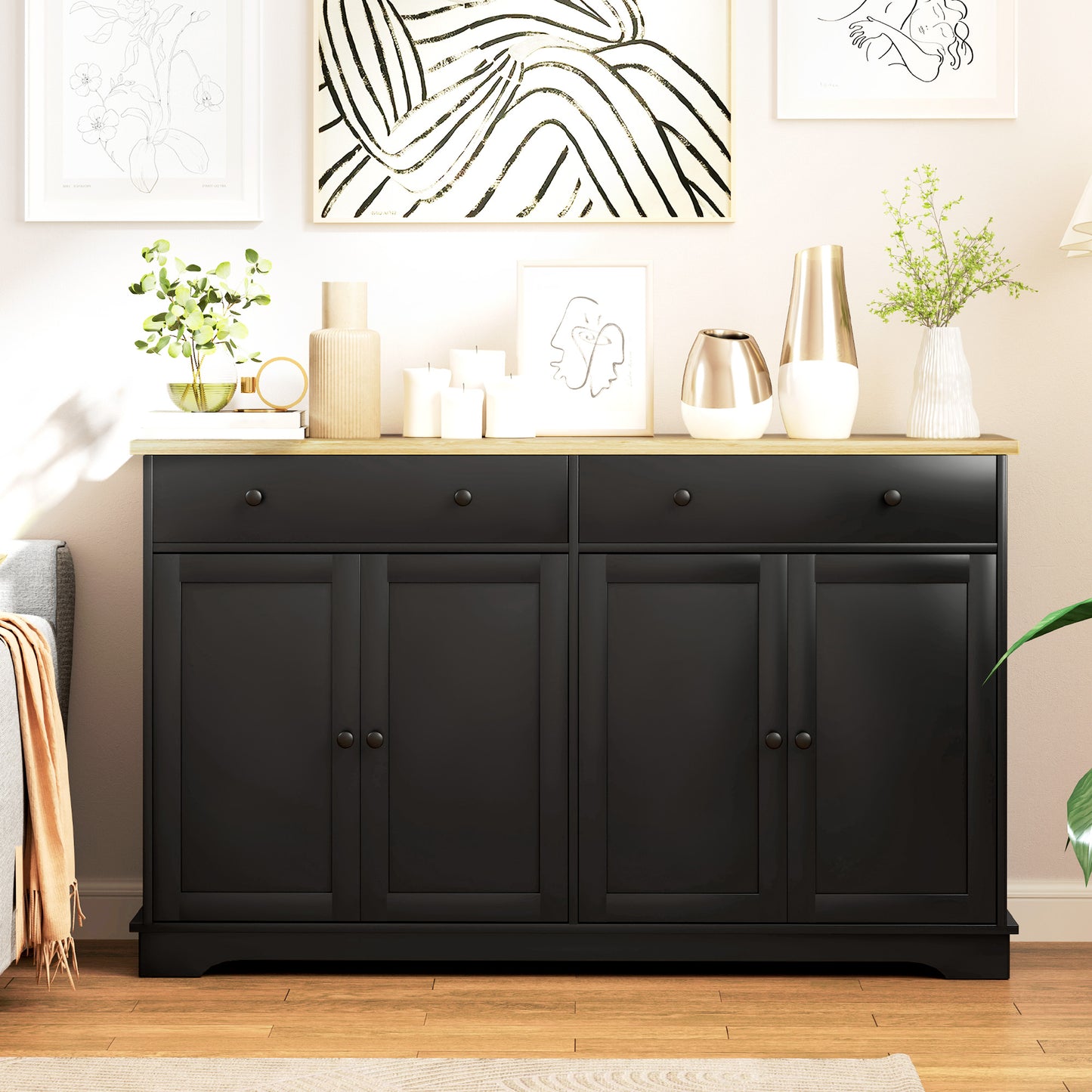 Modern Sideboard Buffet Cabinet with Adjustable Shelves - Black