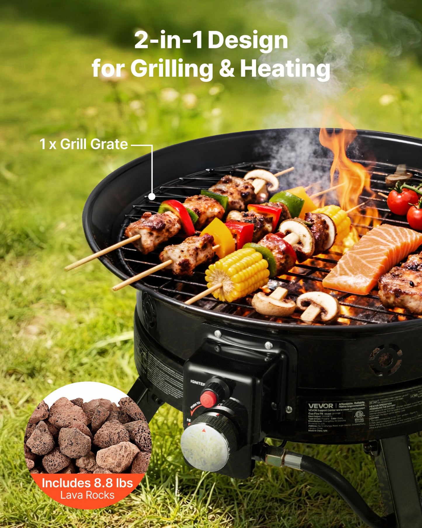 Portable Propane Fire Pit 19-Inch 53,000 BTU with Grill Grate & Lava Rocks