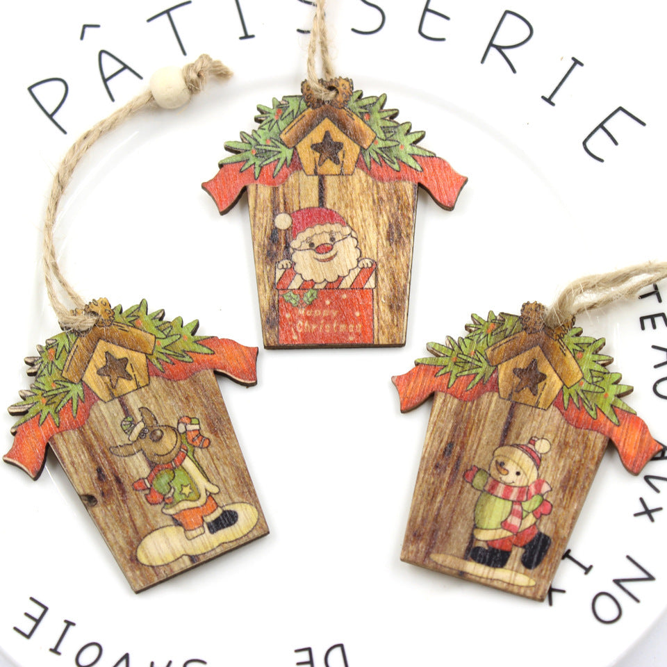 Wooden House Shape Santa Elk Christmas Pendant Set - Festive Decor
