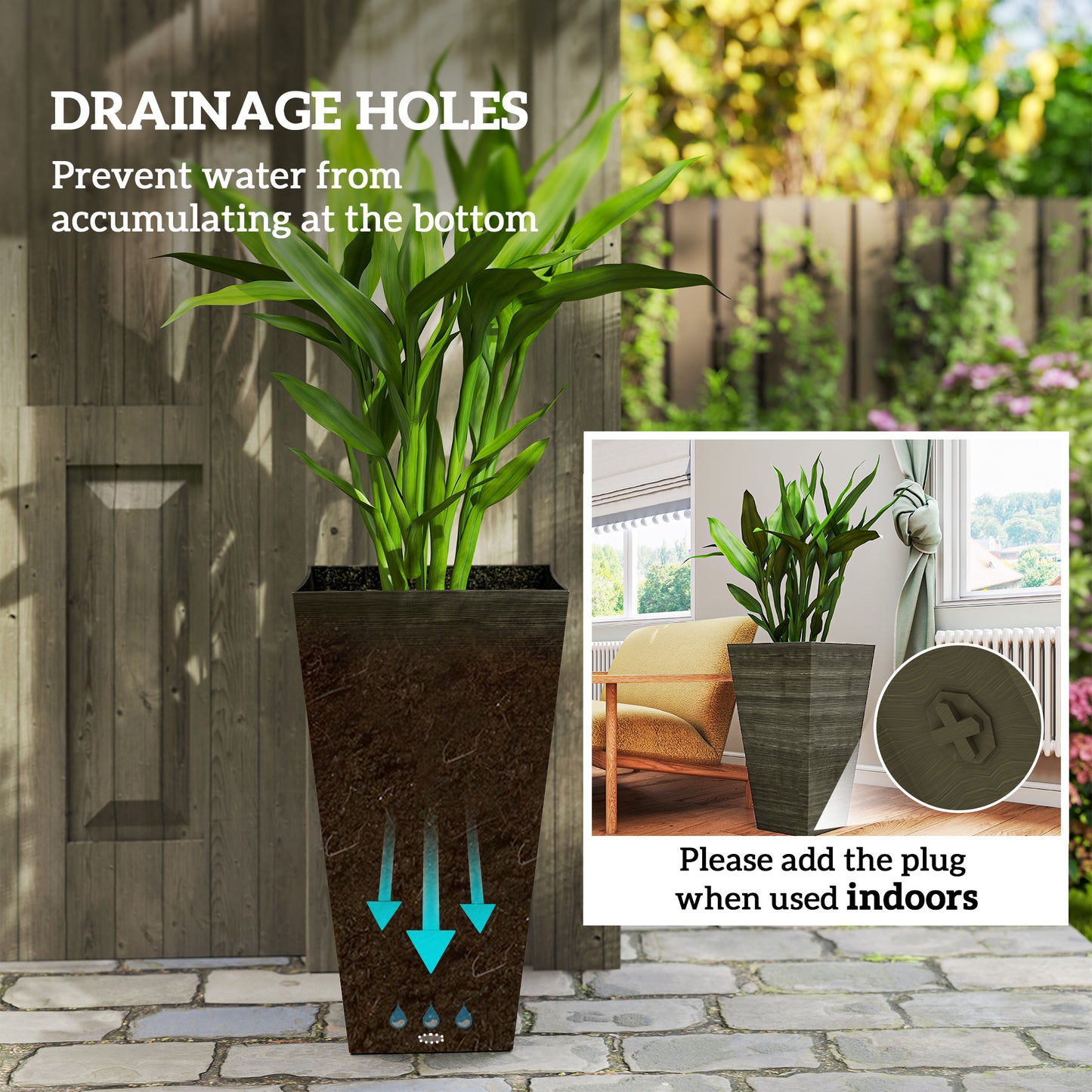 Set of 3 Tall Outdoor Planters 28 Inch Faux Wood Flower Pots with Drainage