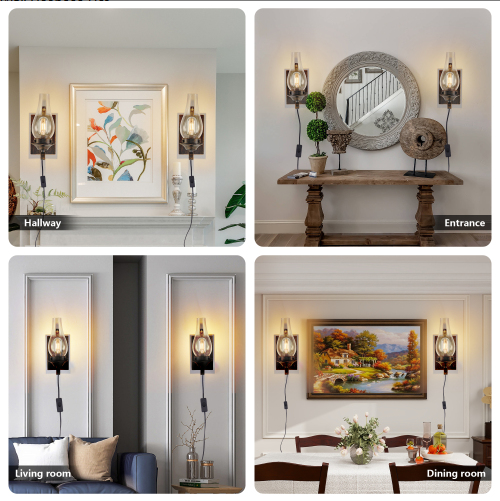 Set of 2 Rustic Farmhouse Plug-in Wall Sconces with Glass Shades - Black & Gold