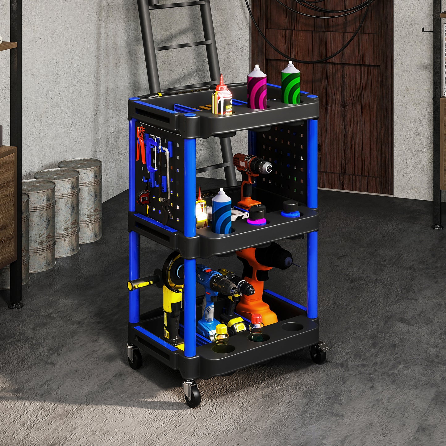 3-Tier Rolling Tool Cart with Side Shelves - 200 LBS Capacity Garage Organizer, Black & Dark Blue