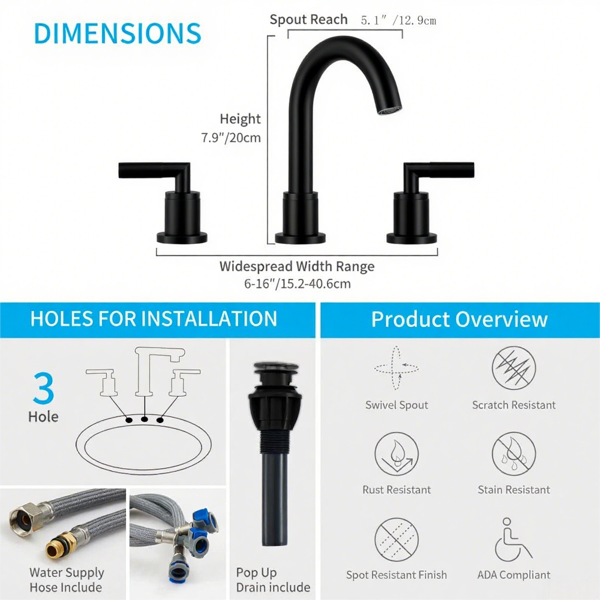 Matte Black Bathroom Sink Faucet - Widespread 2 Handle 360° Swivel Spout