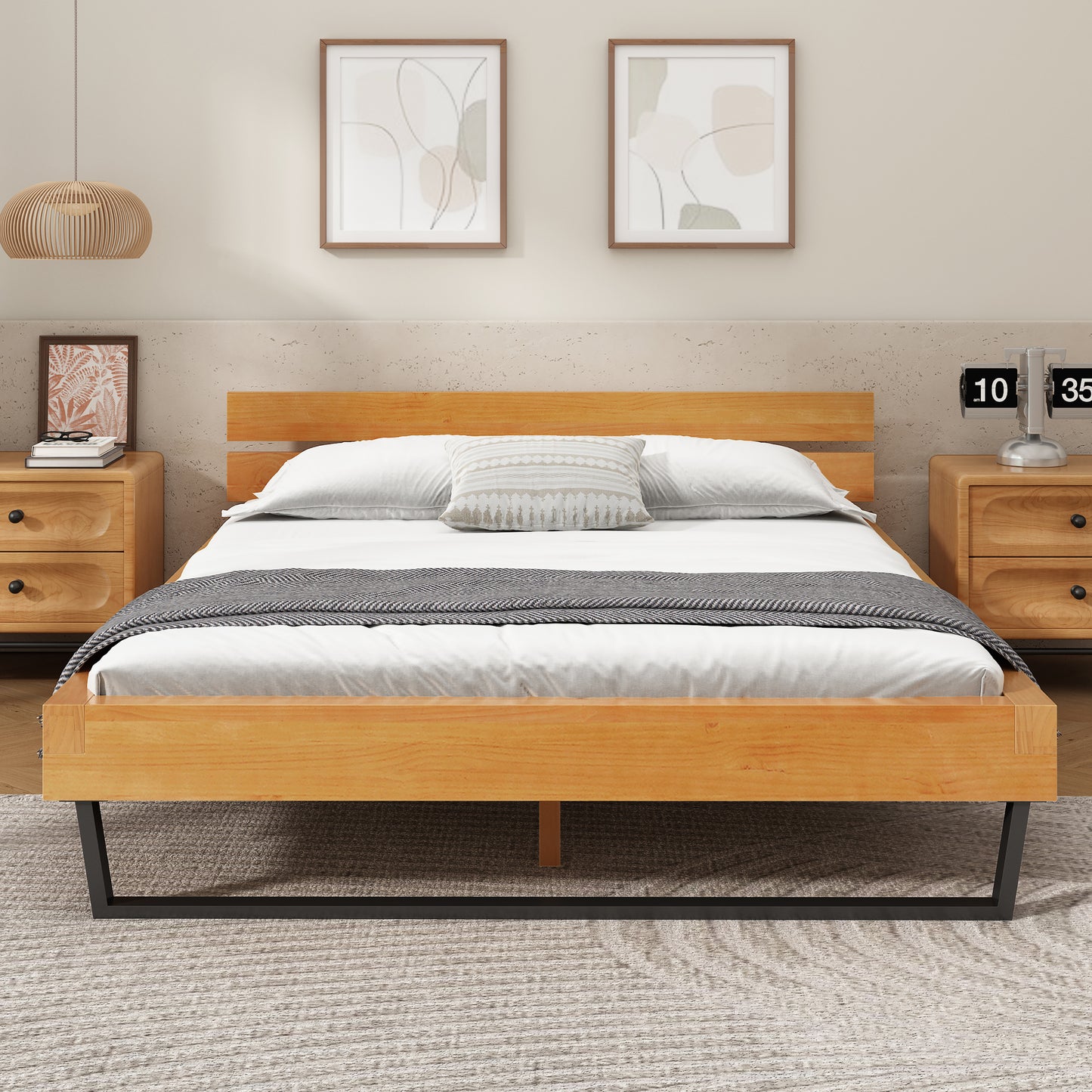 PINE WOOD BED FRAME QUEEN SIZE,NATURAL & BLACK COLOR