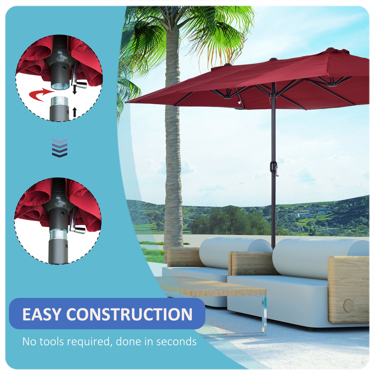 15 ft Double-Sided Patio Umbrella with Crank - Wine Red