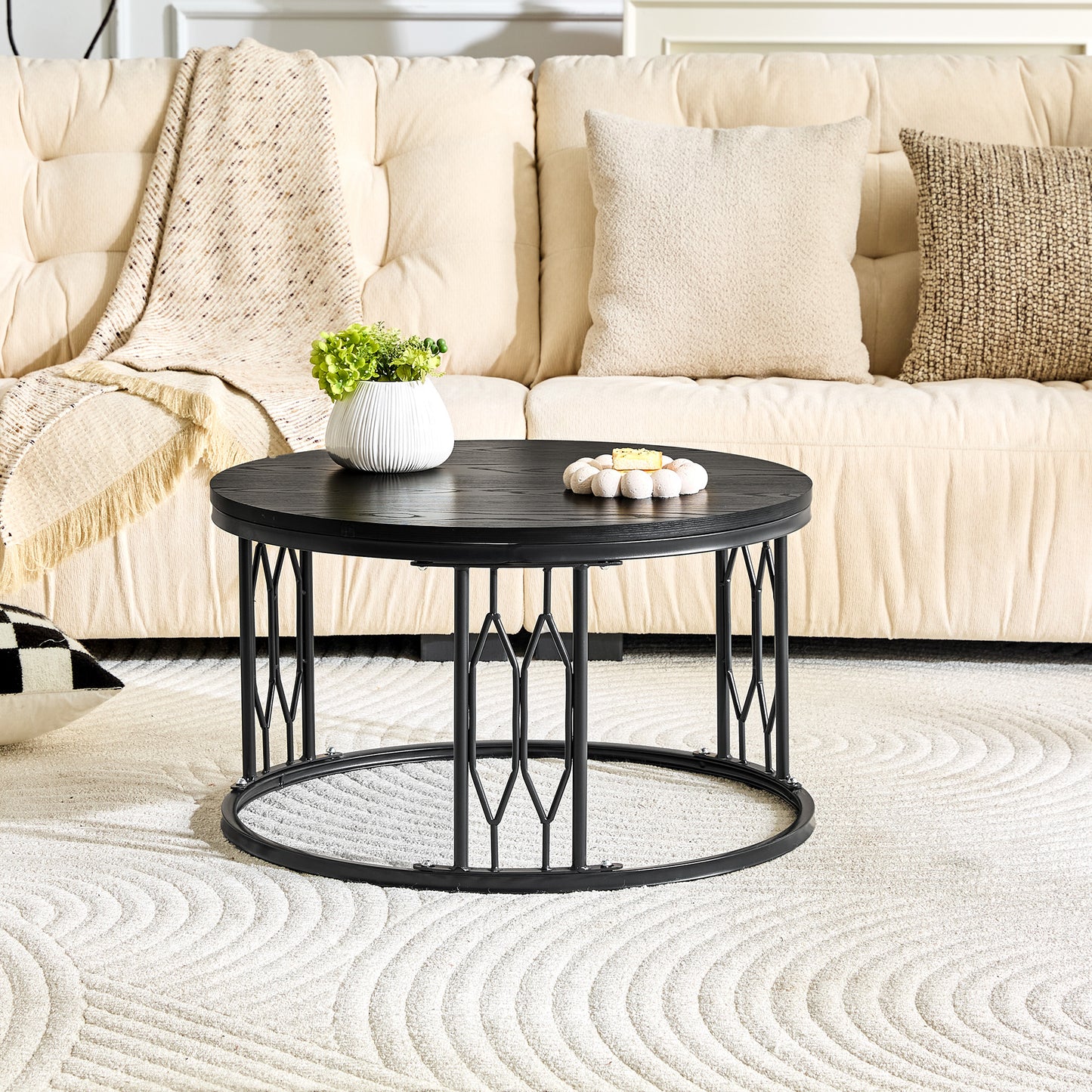 Black Round Coffee Table - 27.5-Inch MDF with Metal Legs