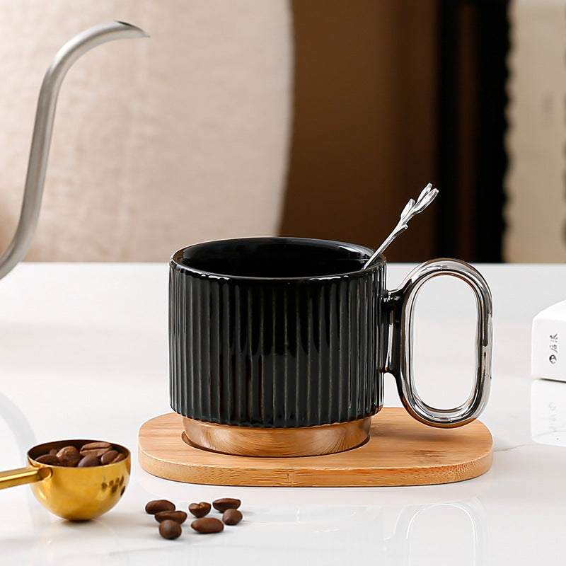 Ceramic Coffee Mug Set with Wooden Coaster and Spoon - Multiple Colors & Capacity