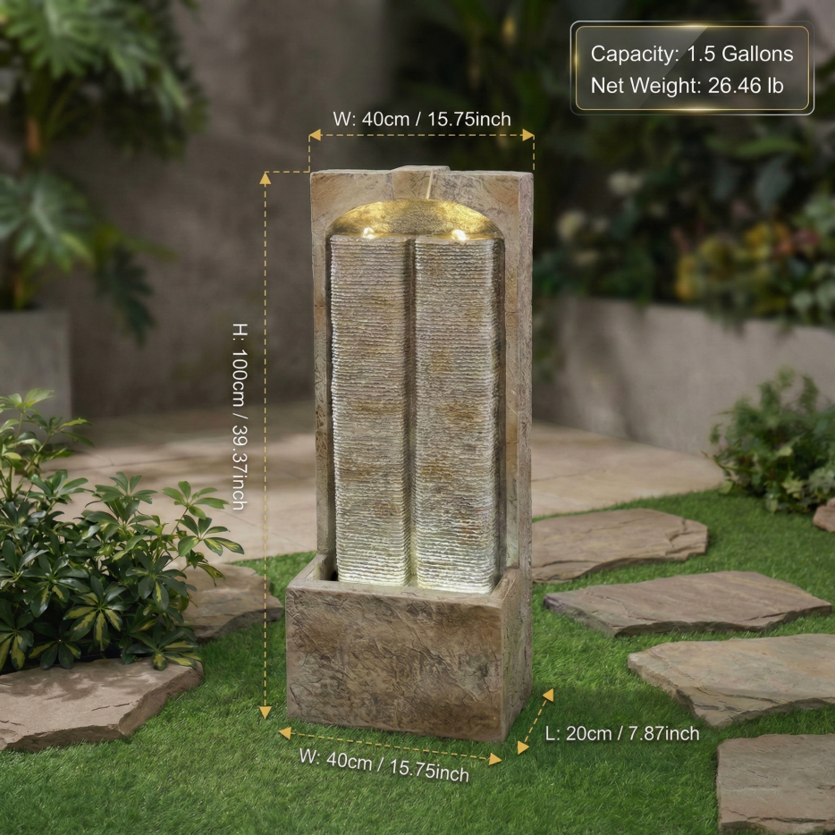 39 Inch Outdoor Water Fountain with Pump, Modern Cascading Garden Water Feature with LED Lights