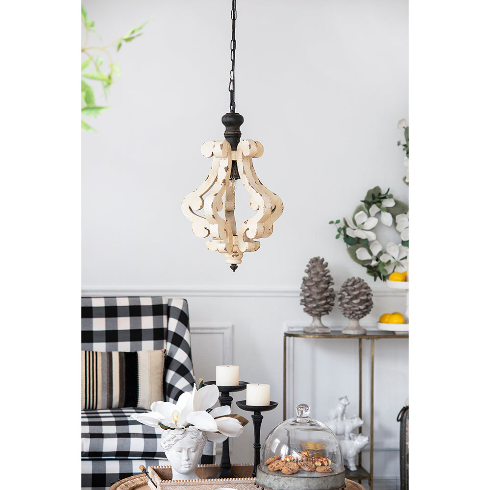 Farmhouse Chandelier with Antique Cream Finish - Wooden French Country Pendant Light for Living Room & Foyer