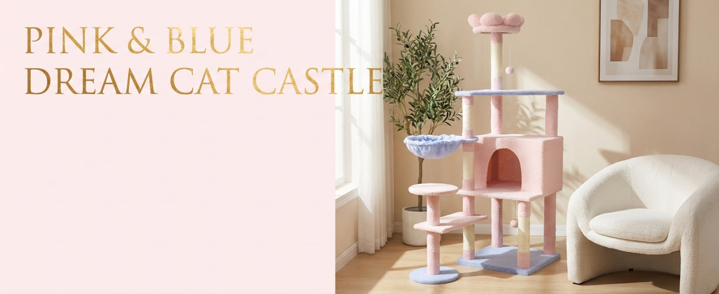 Pink Flower Cat Tree with Large Condo, Removable Cushion & Hammock - 56 Inch Tall