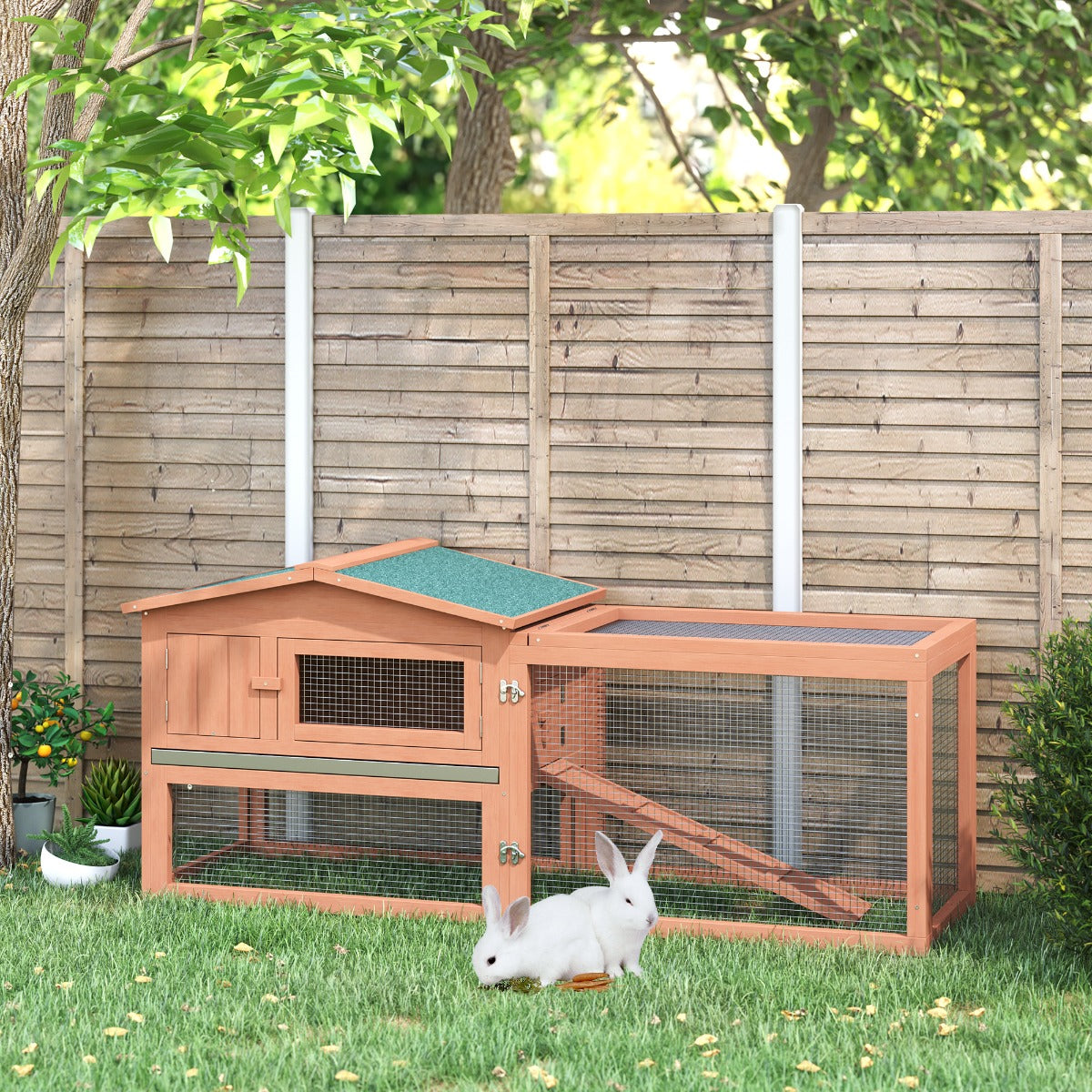 Outdoor Wooden Rabbit Cage 62 Inch with Detachable Run and Elevated Main House
