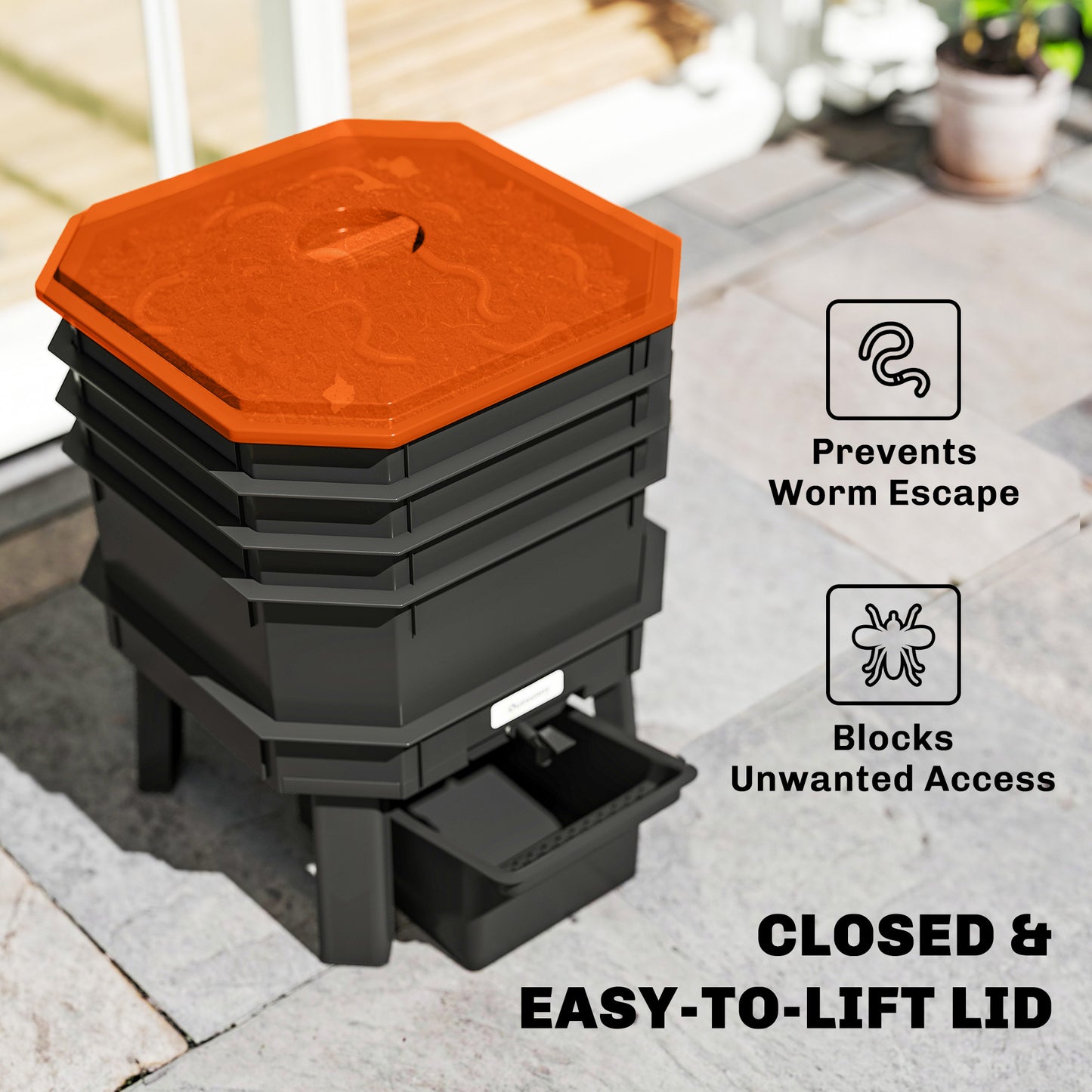 Outdoor & Indoor Worm Composter Bin 7.4 Gal - Multi-Tier Food Waste Recycling