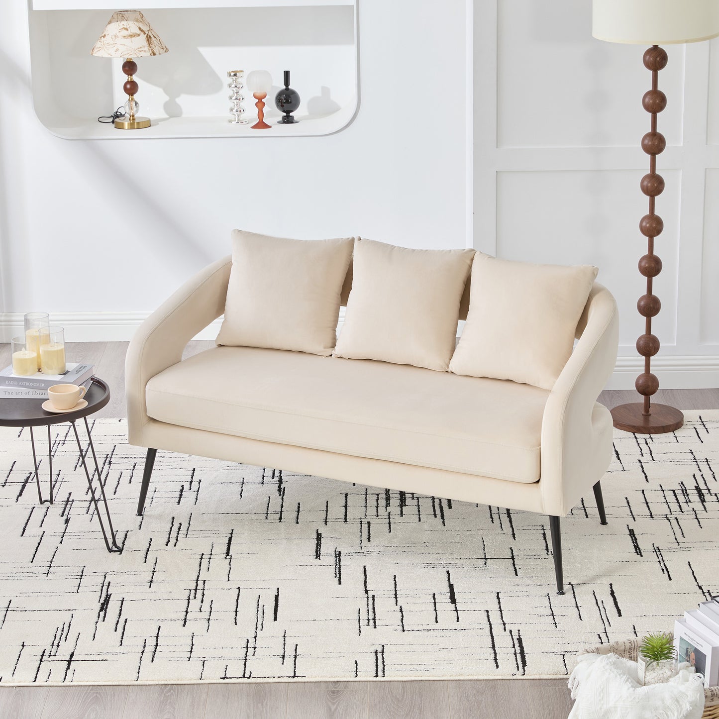 Modern Velvet Loveseat Sofa with 3 Pillows - Beige