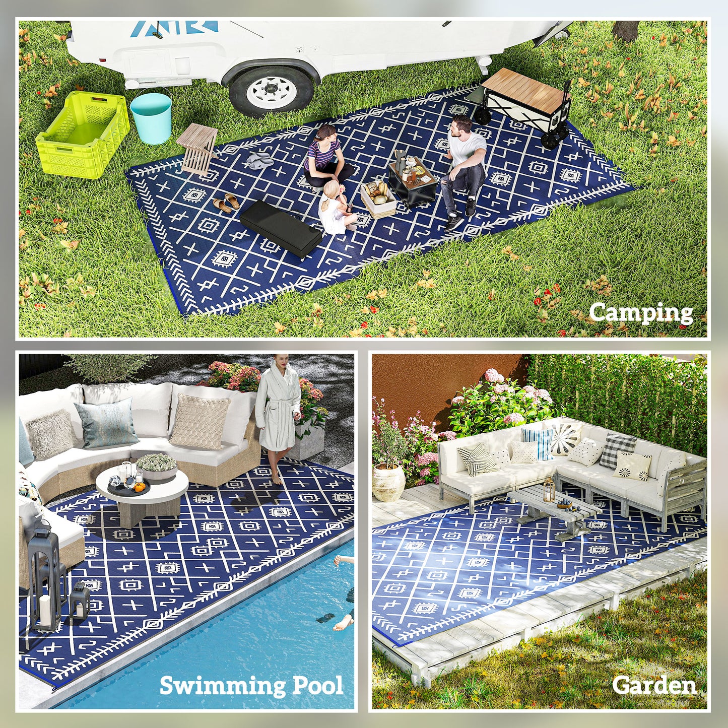 Reversible Outdoor Rug - Waterproof Blue & White Rhombus, 9' x 18'