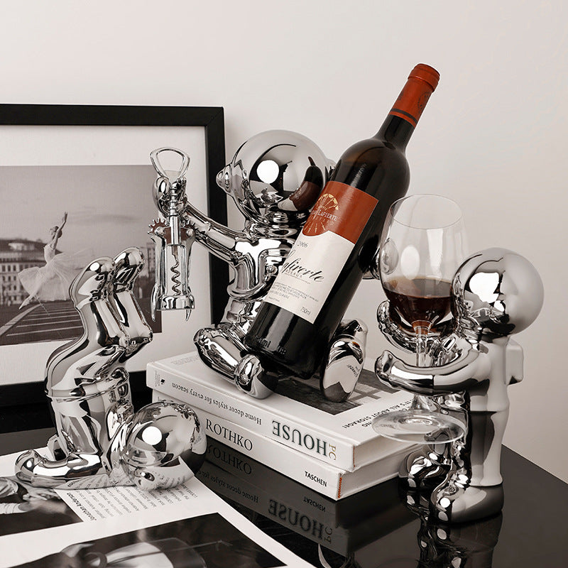 Modern Astronaut Wine Rack Decor - Silver Plated Wine Bottle Holder