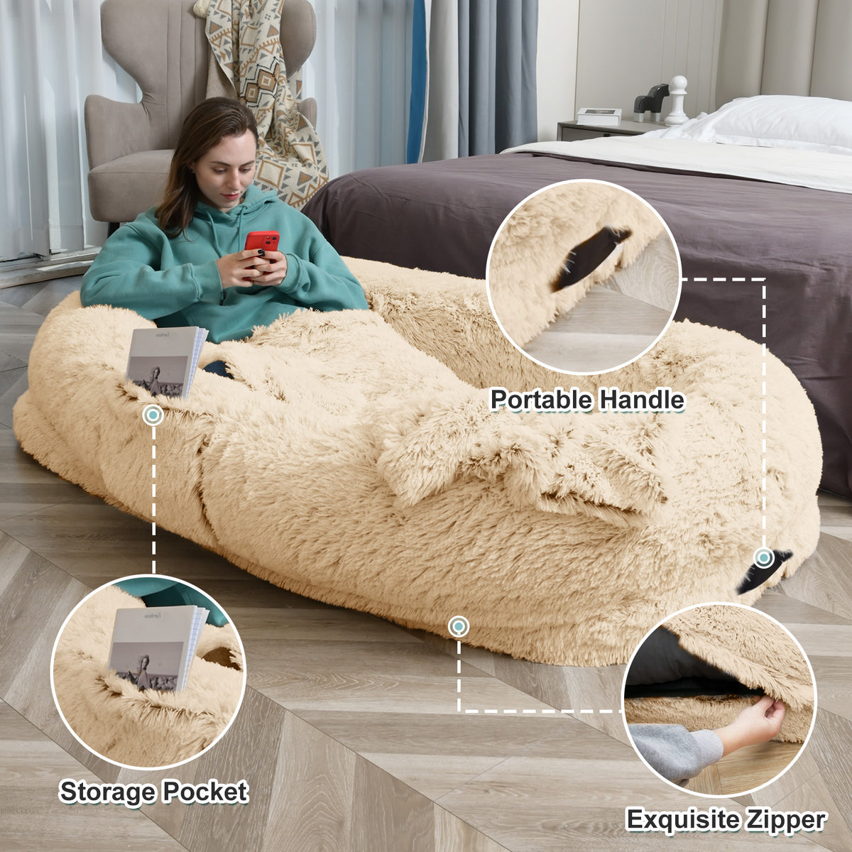 Large Washable Faux Fur Dog and Human Lounge Bed with Orthopedic Support, Pillow & Blanket