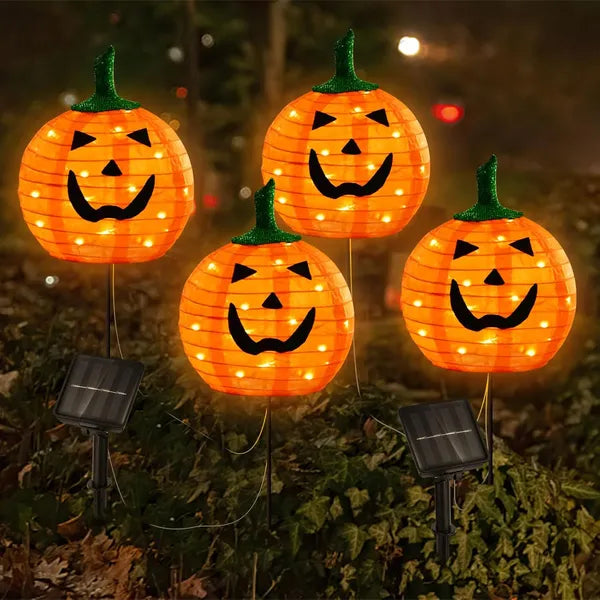 Solar Pumpkin LED Stake Lights - Set of 4 for Halloween Decoration