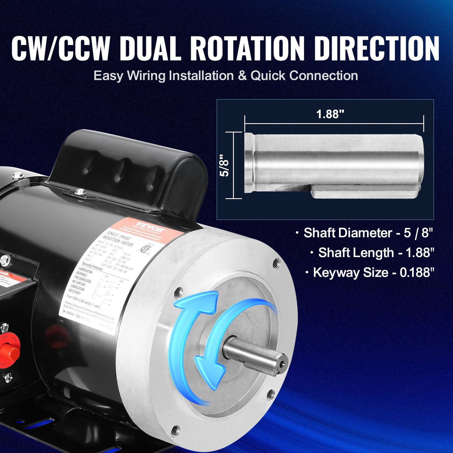 1HP Reversible Electric Motor 1725 RPM for Air Compressors & Agricultural Equipment - 56C Frame, 5/8'' Shaft, 115/230V