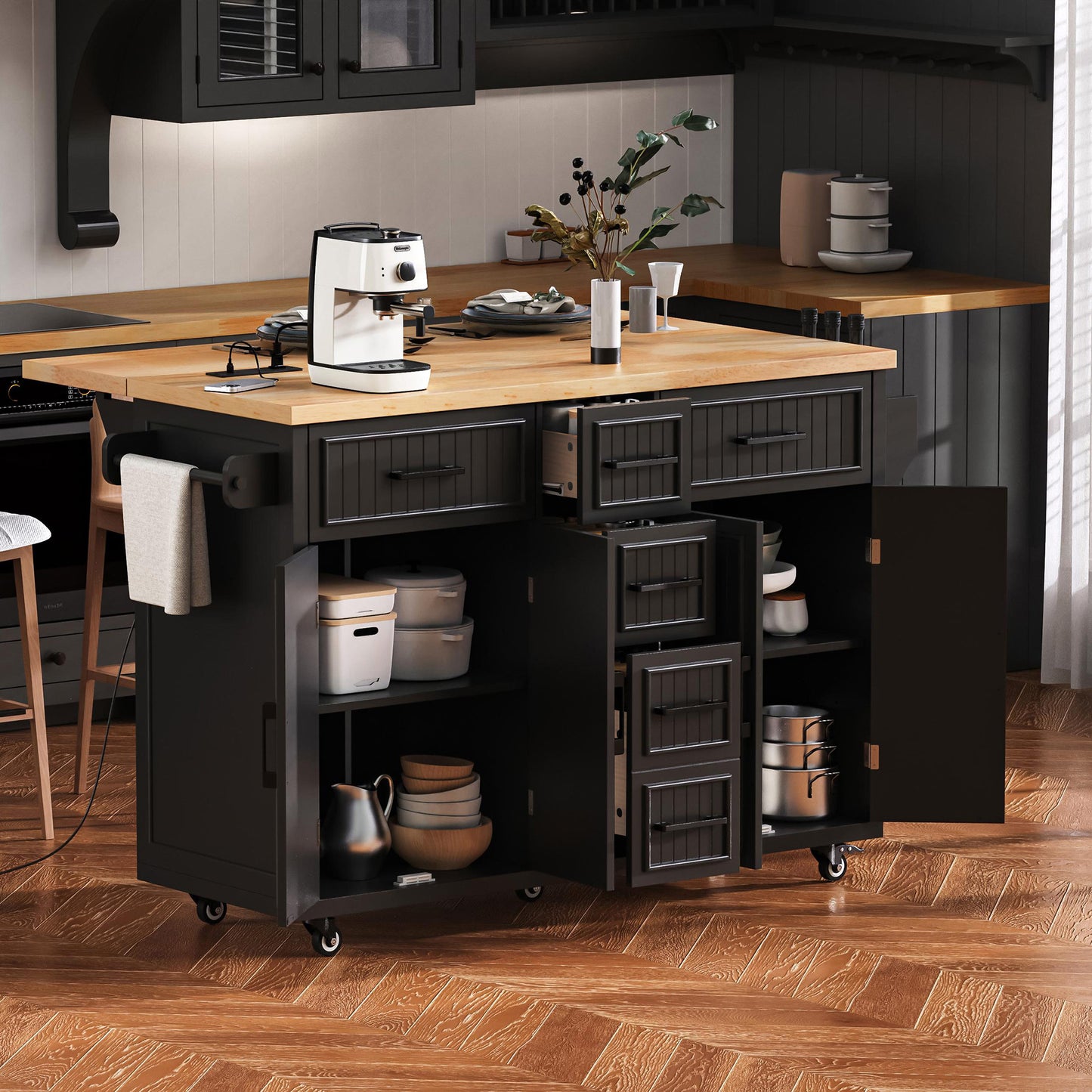 K&K 56.5 Kitchen Island With Drop Leaf, Power Outlet, Embossed