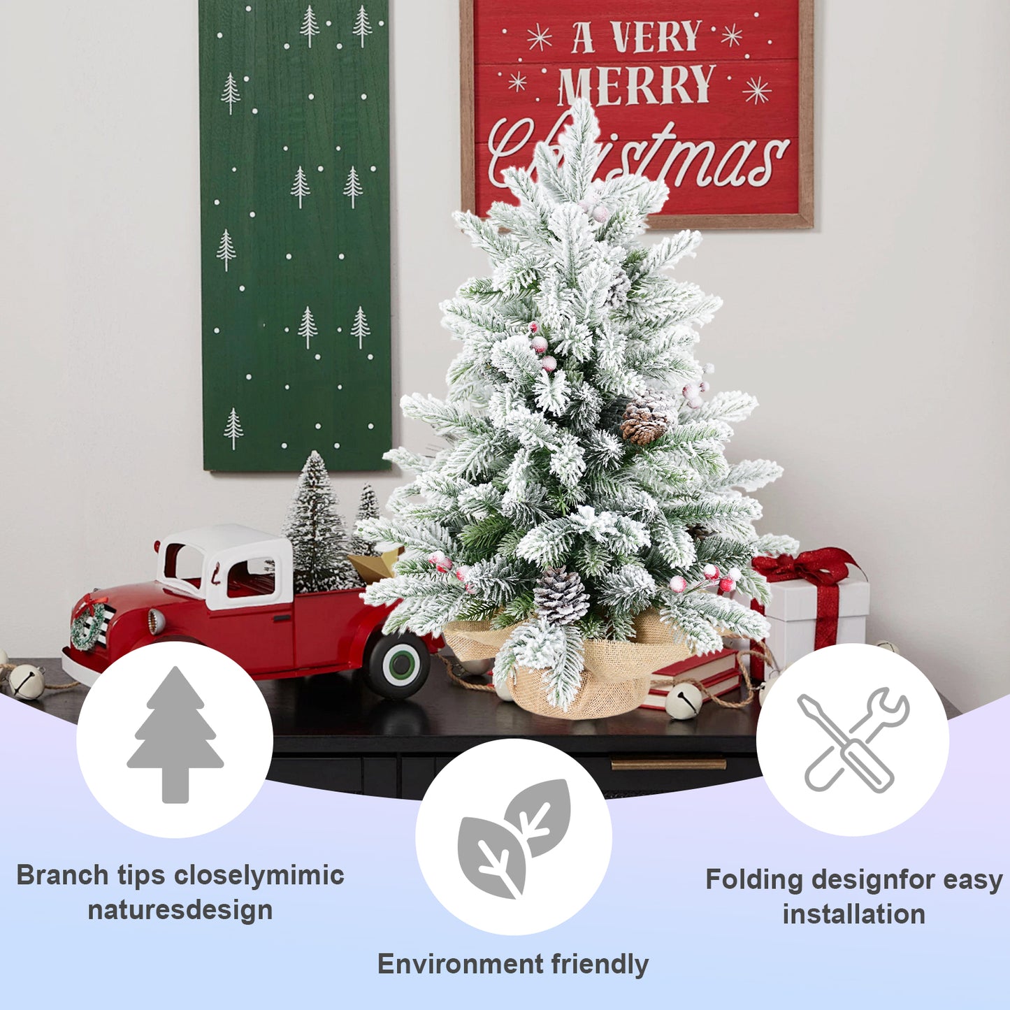 3ft Snow Flocked Artificial Christmas Tree with Pine Cones & Berries
