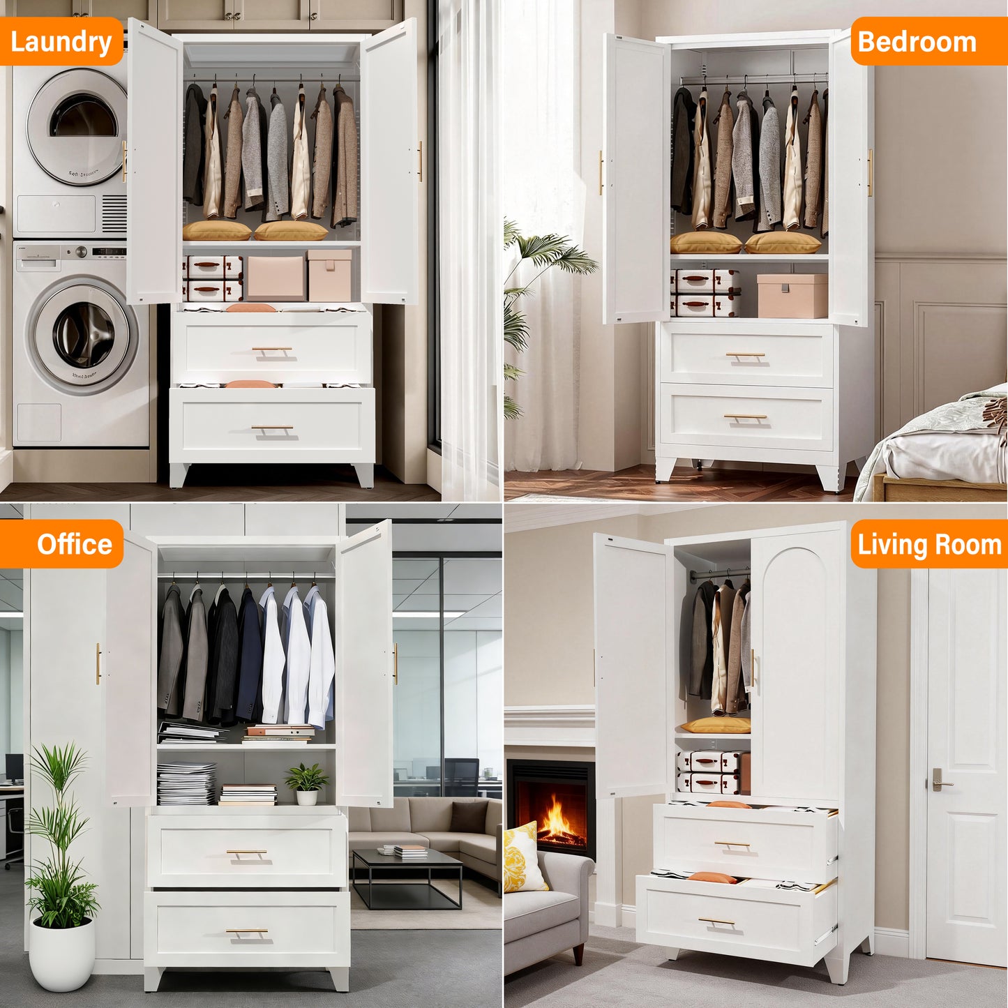 71 Tall Metal Wardrobe Cabinet With 2 Drawers And Hanging Rod, Doors