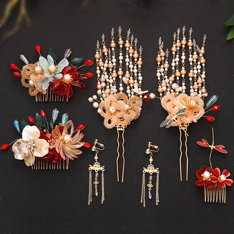 Bridal Hair Crown with Fringe - Ancient Style Flower Headdress