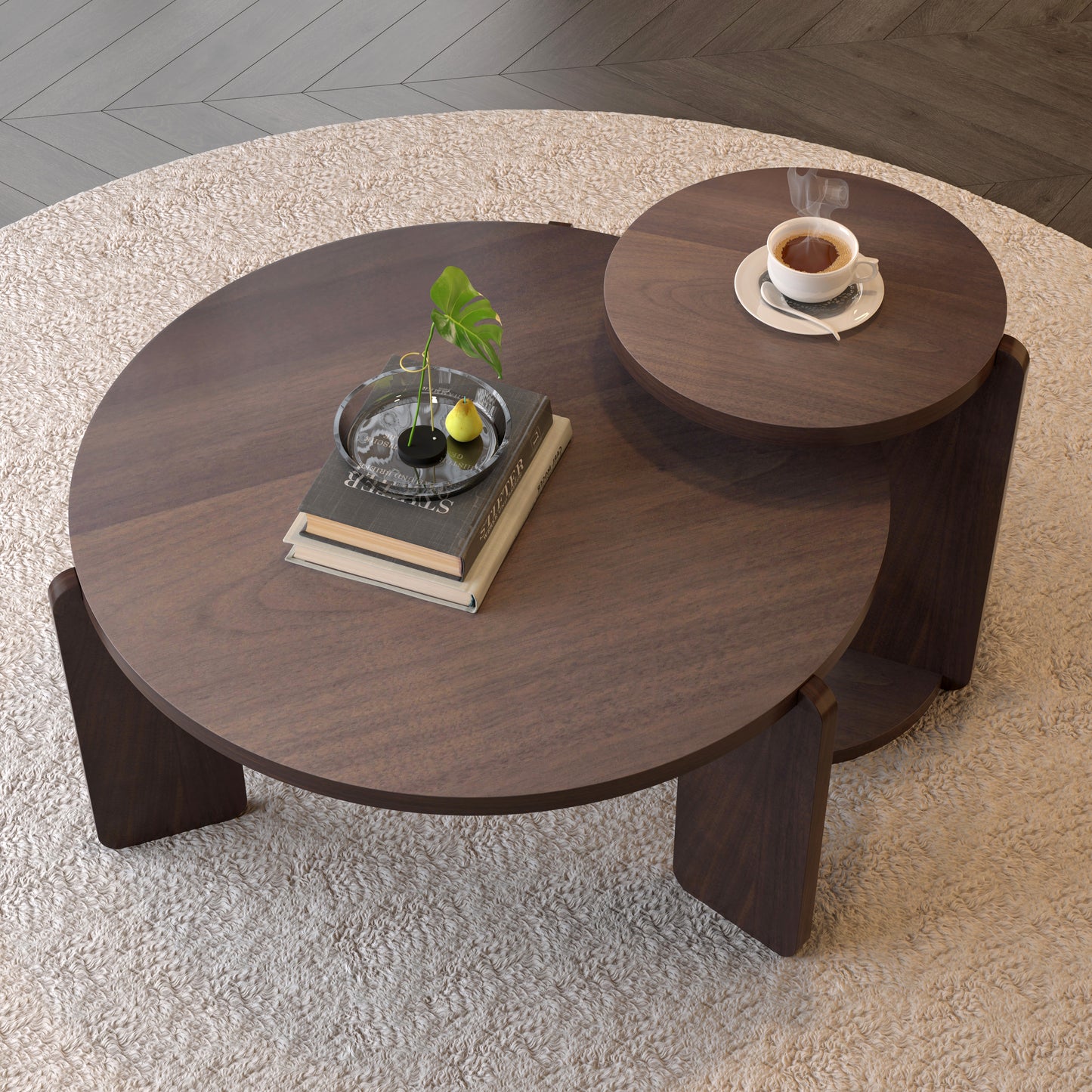 32.68 Inch Nesting Round Wood Coffee Table With End Set Of 2, Walnut
