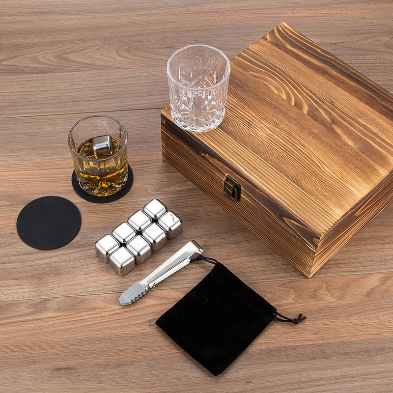 Stainless Steel Wooden Ice Cube Box Set with Cups and Accessories